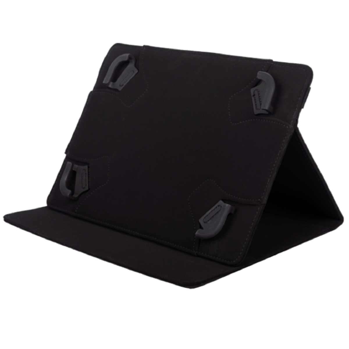 Funda negra para tableta, desplegada, mostrando el interior. Tiene cuatro correas de sujeción.