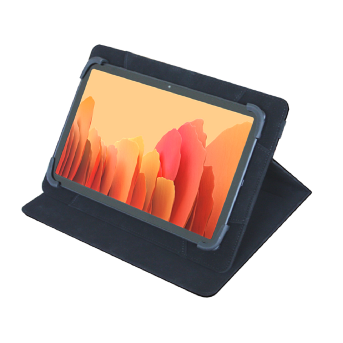 Tableta en una funda negra, en ángulo hacia arriba. Pantalla muestra formas abstractas coloridas.