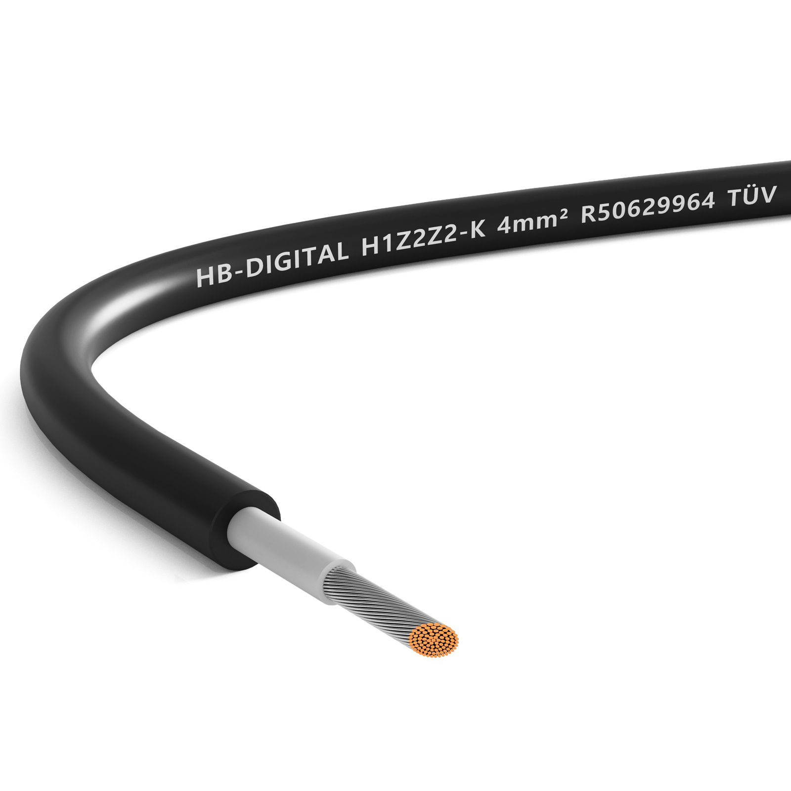 Ein schwarzes Kabel mit einem silbernen und kupfernen Ende. Das Kabel ist gebogen und auf weißem Hintergrund isoliert.
