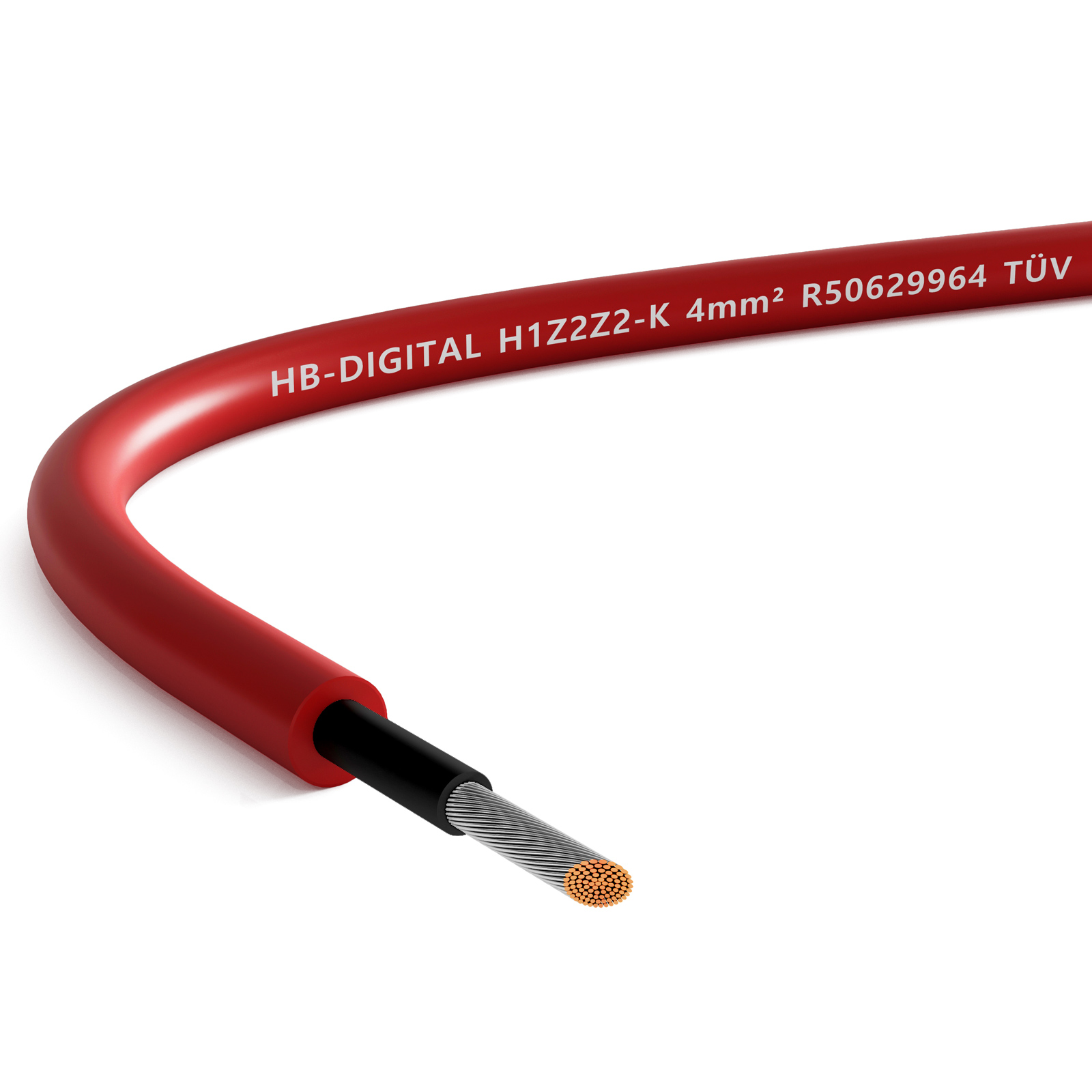 Rotes Kabel mit schwarzen und silbernen Teilen. Das Ende des Kabels ist sichtbar.