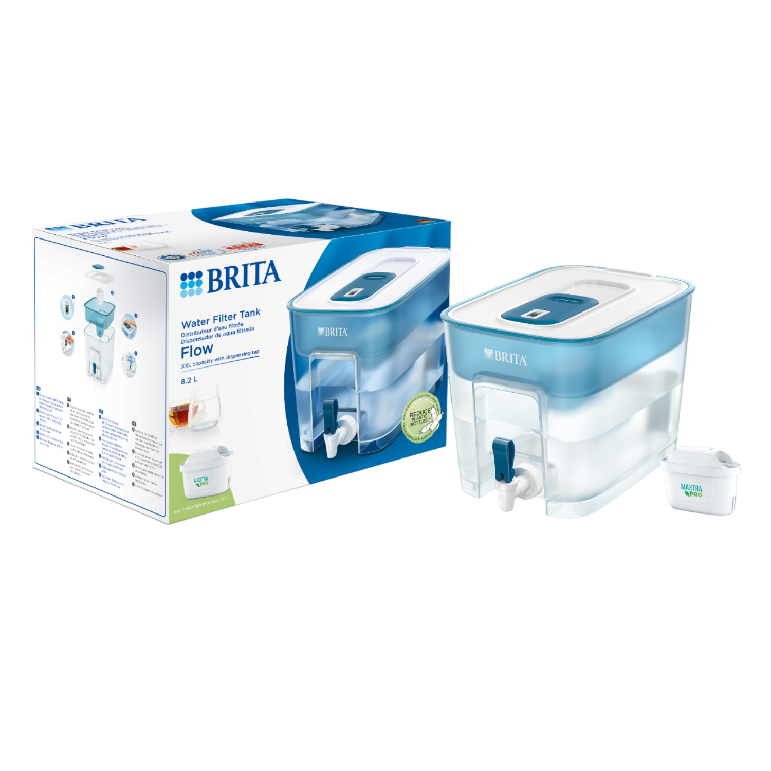 Zbiornik filtra do wody z pudełkiem, pokazującym markę Brita i szczegóły filtra, na białym tle.