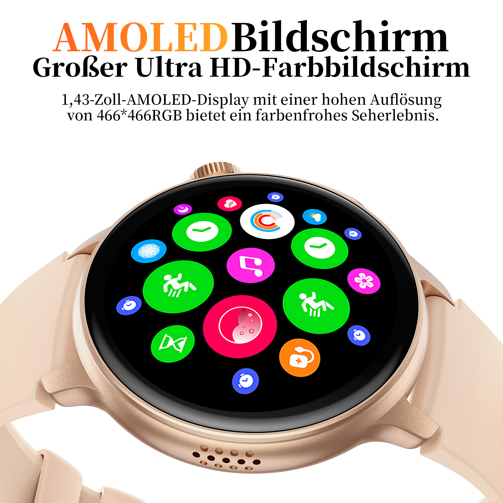 Smartwatch mit rundem Display, das bunte Symbole zeigt, auf einem Hintergrund mit beigem Armband.