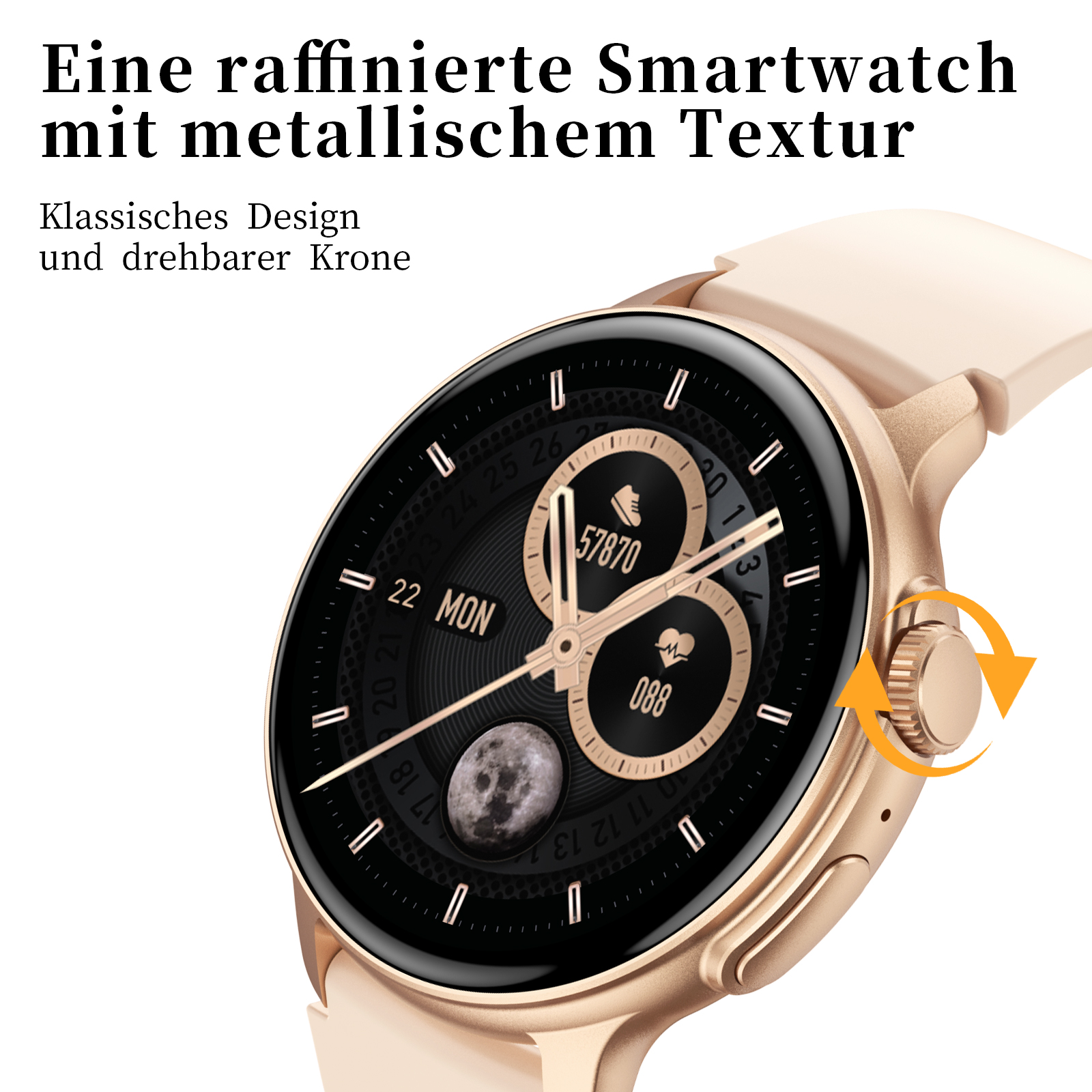 Goldene Smartwatch mit rundem, schwarzem Display. Goldgehäuse, weißes Armband. Weißer Hintergrund.