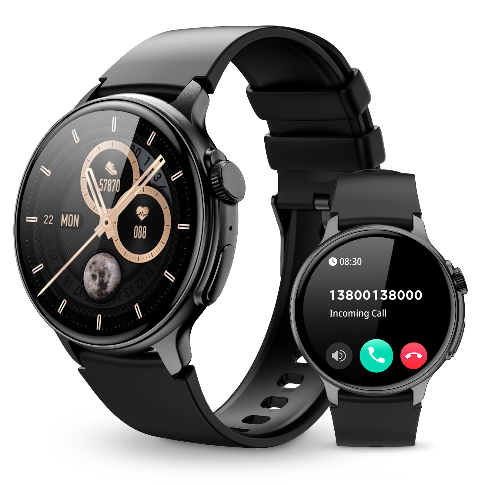 Zwei schwarze Smartwatches, eine zeigt Zeit und Gesundheitsdaten, die andere nimmt einen Anruf entgegen.