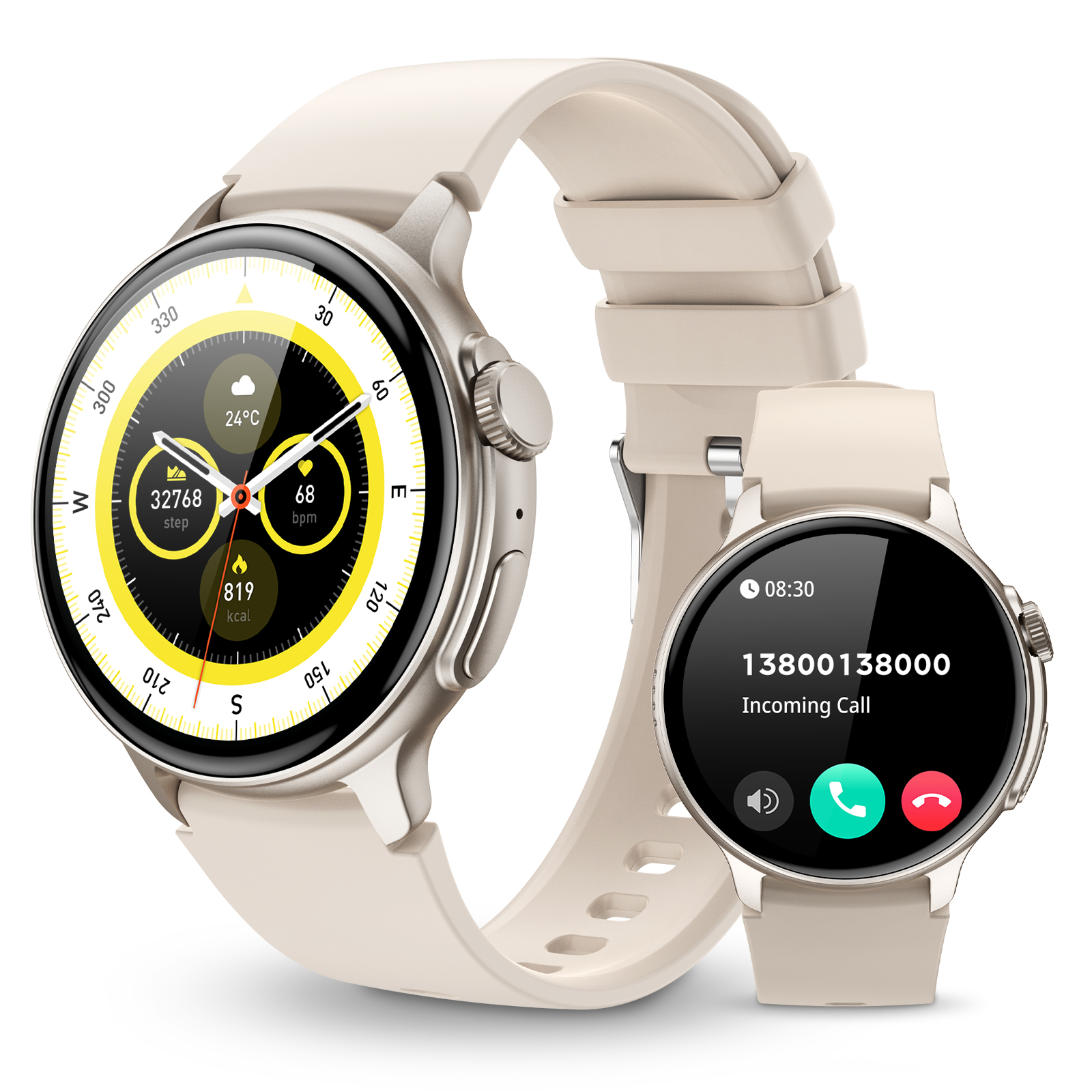Zwei Smartwatches, eine am Handgelenk mit Schritten, Bpm und Temp, die andere zeigt einen Anruf.