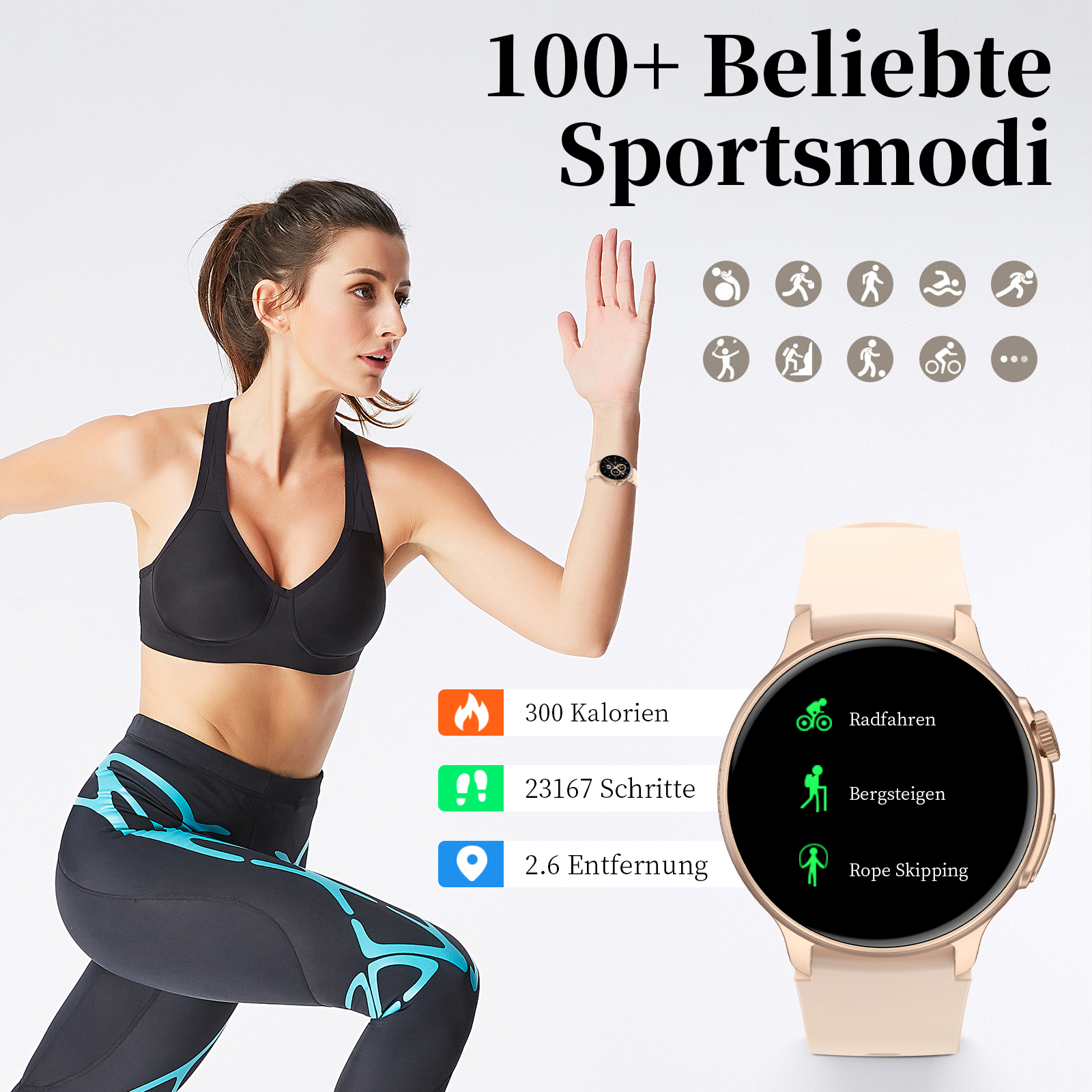 Frau beim Laufen mit Smartwatch, die Trainingsdaten zeigt, und Fitness-Grafiken.