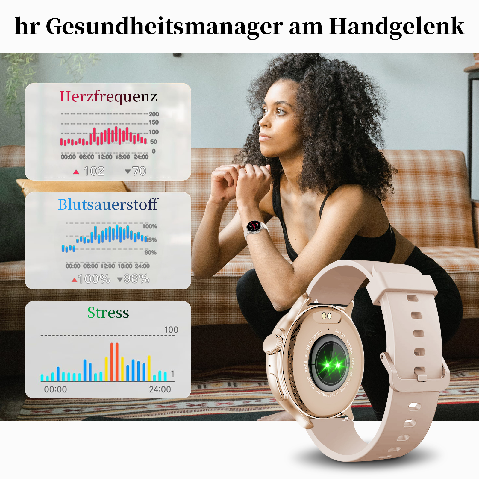 Eine Frau trägt eine Smartwatch und betrachtet Diagramme ihrer Gesundheitsdaten. Die Diagramme befinden sich auf dem Bildschirm.