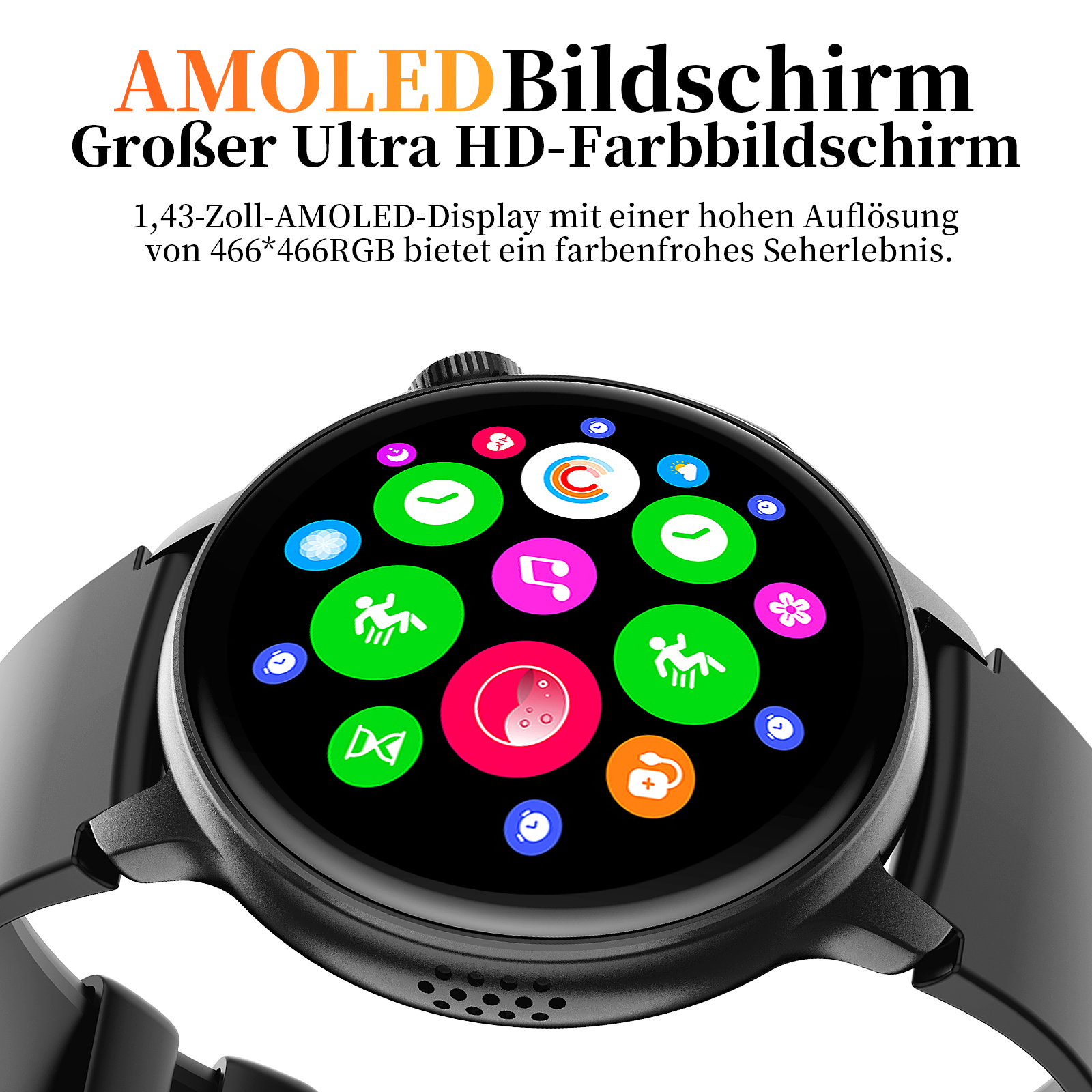 Smartwatch mit rundem, schwarzem Display mit bunten Icons und schwarzem Armband.