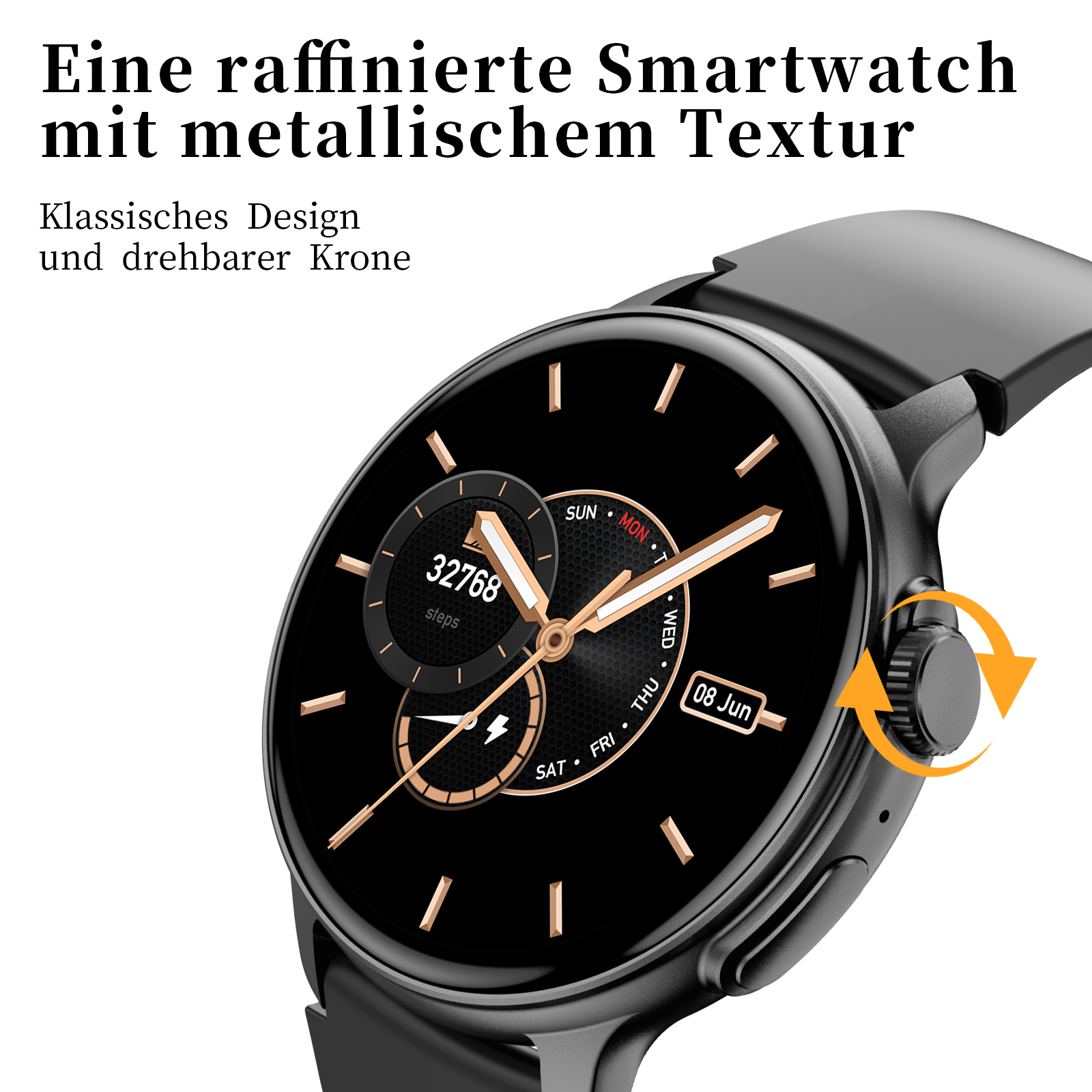 Schwarze Smartwatch mit goldenen Akzenten. Zeigt Schritte und Datum an. Text um das Zifferblatt.