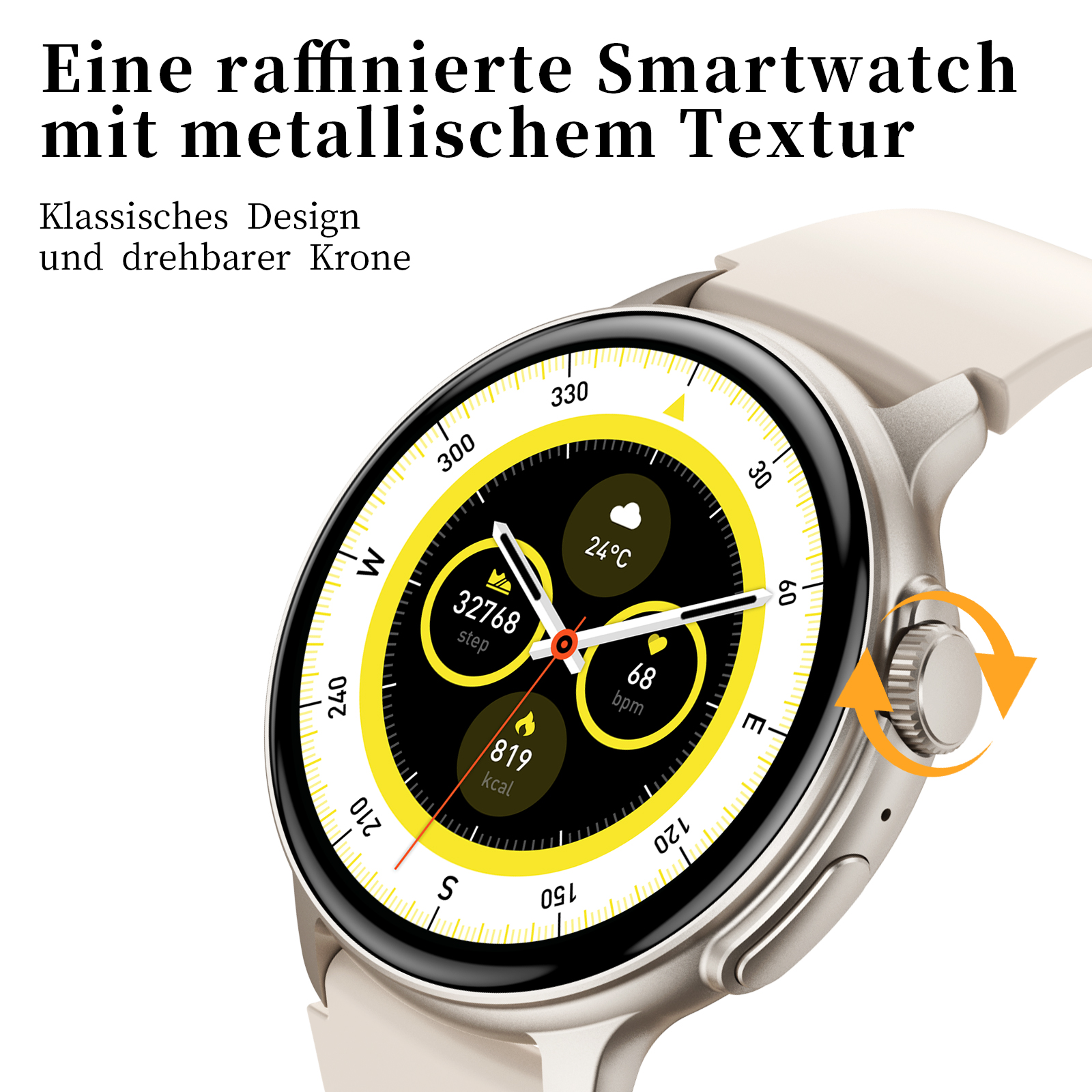 Smartwatch mit kreisförmigem Display. Beige Farbe, mit Schrittzähler, Herzfrequenz, Temperatur und Uhrzeit auf dem Bildschirm.