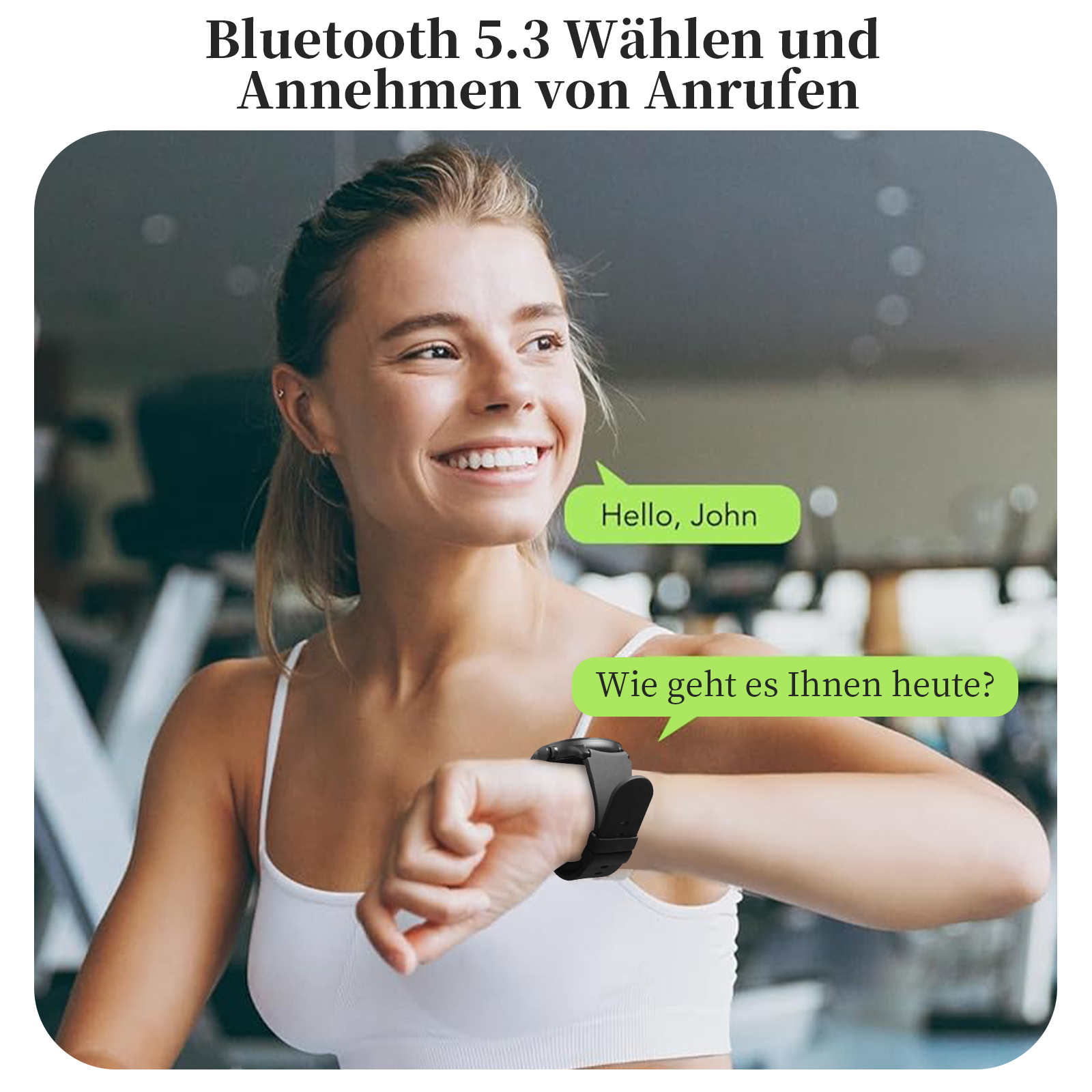 Eine Frau, die eine Smartwatch mit Textblasen trägt. Grüne Textblasen mit Text.