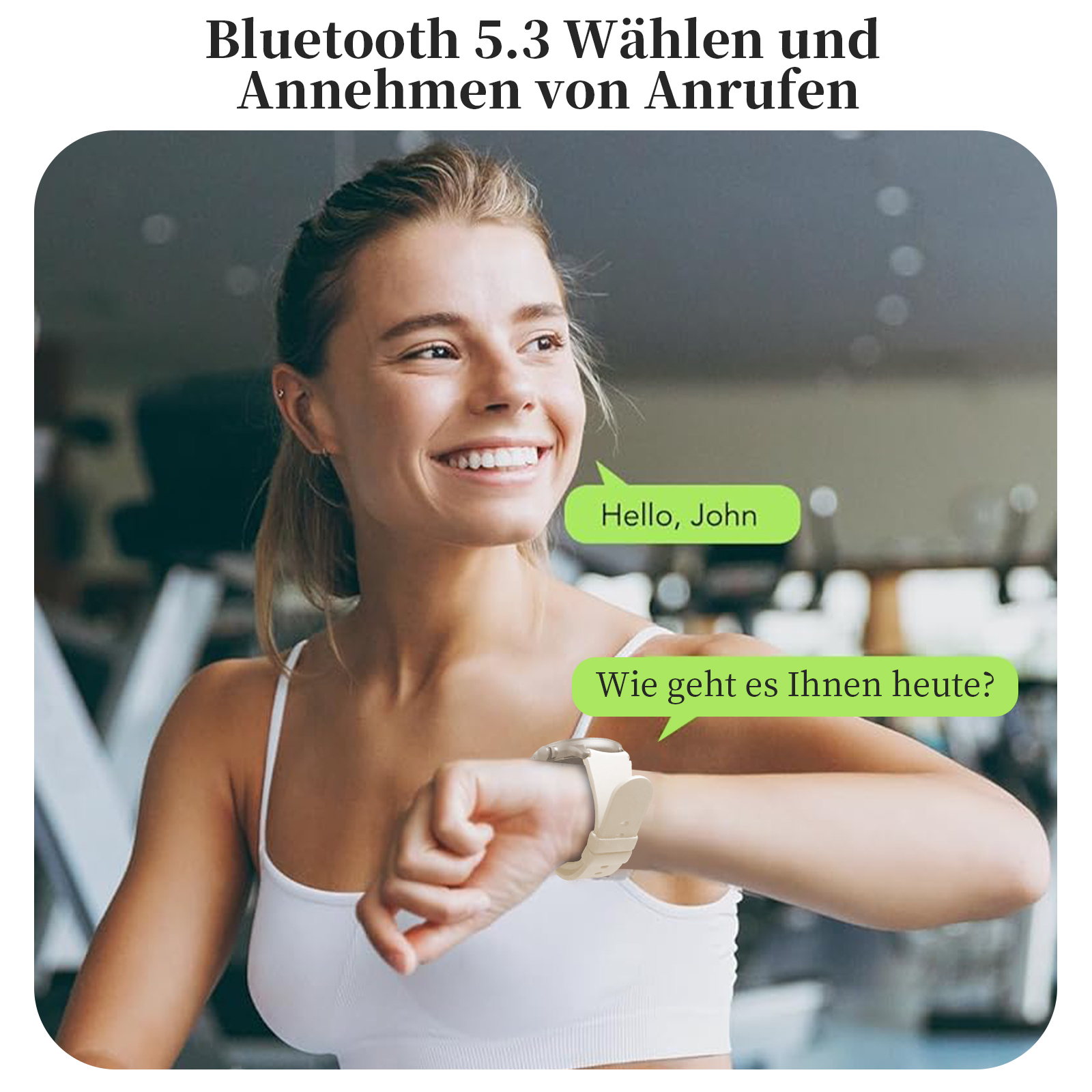 Eine Frau mit einer Uhr, die lächelt, mit Textblasen, die einen Anruf anzeigen.