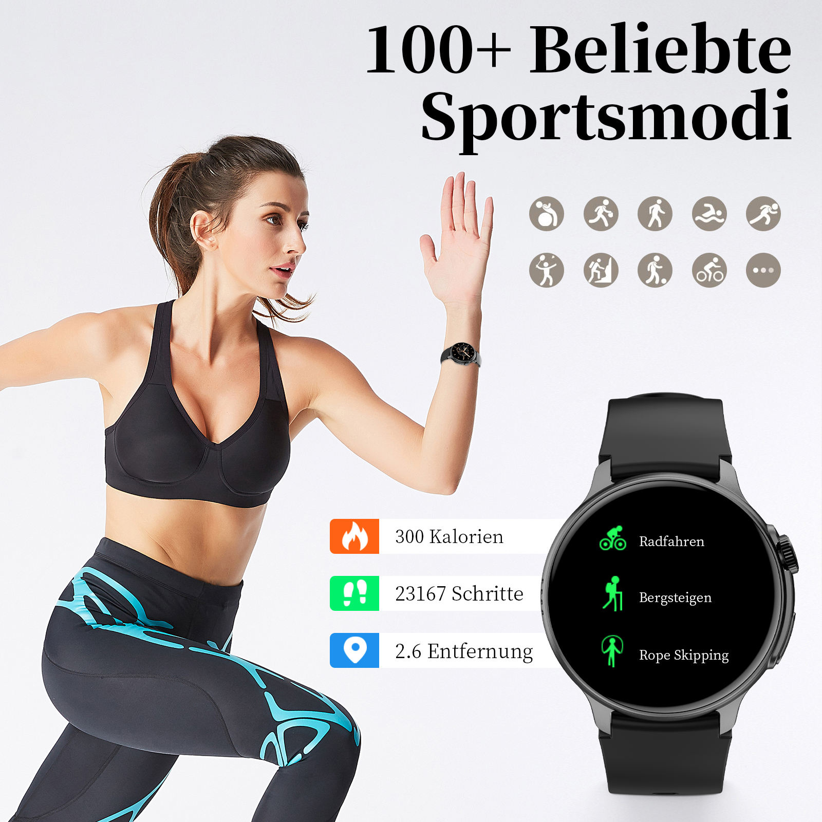 Eine Frau, die mit einer Smartwatch trainiert. Die Uhr zeigt Aktivitätsstatistiken.