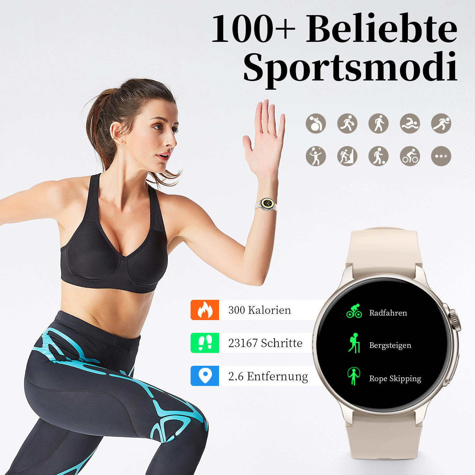 Eine Frau trägt eine Smartwatch, die verschiedene Sport-Icons zeigt. Zahlen und Text werden ebenfalls angezeigt.