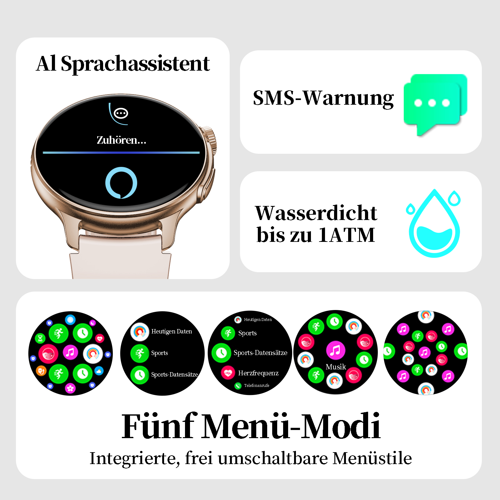 Smartwatch-Oberfläche mit mehreren Menüoptionen.