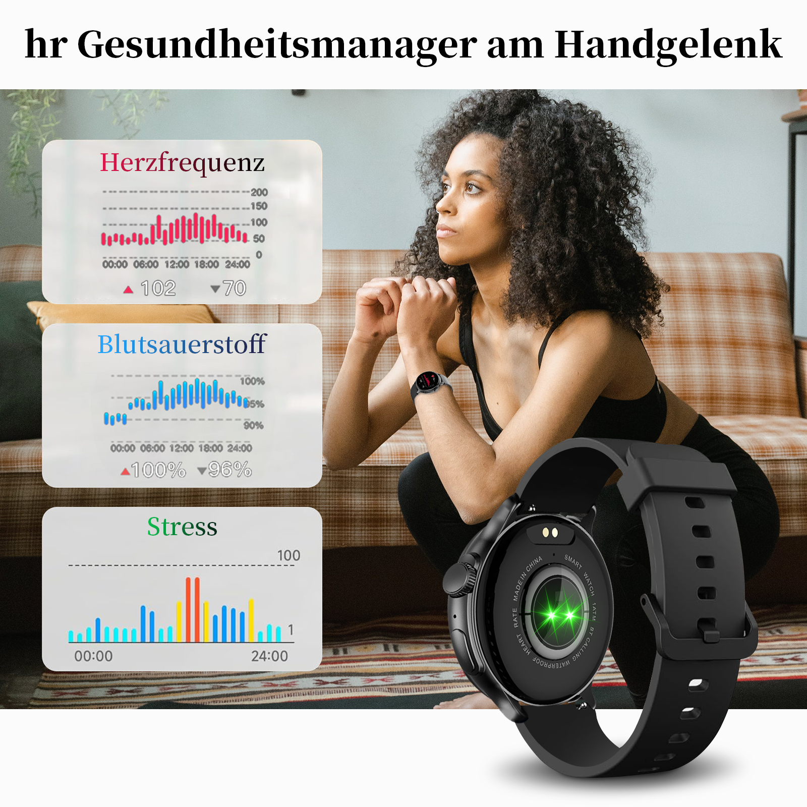 Eine Frau mit Smartwatch und Diagrammen, die Herzfrequenz, Blutsauerstoff und Stresslevel anzeigen.