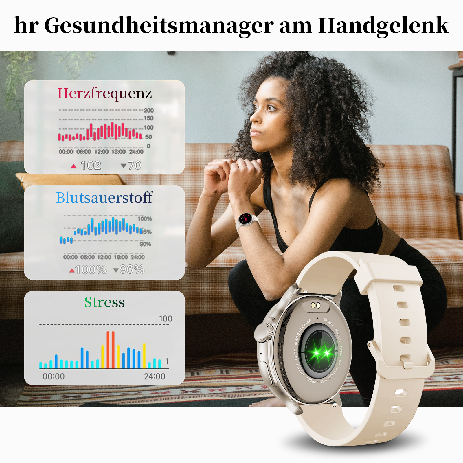 Eine Frau in Fitnesspose mit Smartwatch, die Gesundheitsdaten anzeigt. Die Uhr zeigt Herzfrequenz, Sauerstoff und Stress.