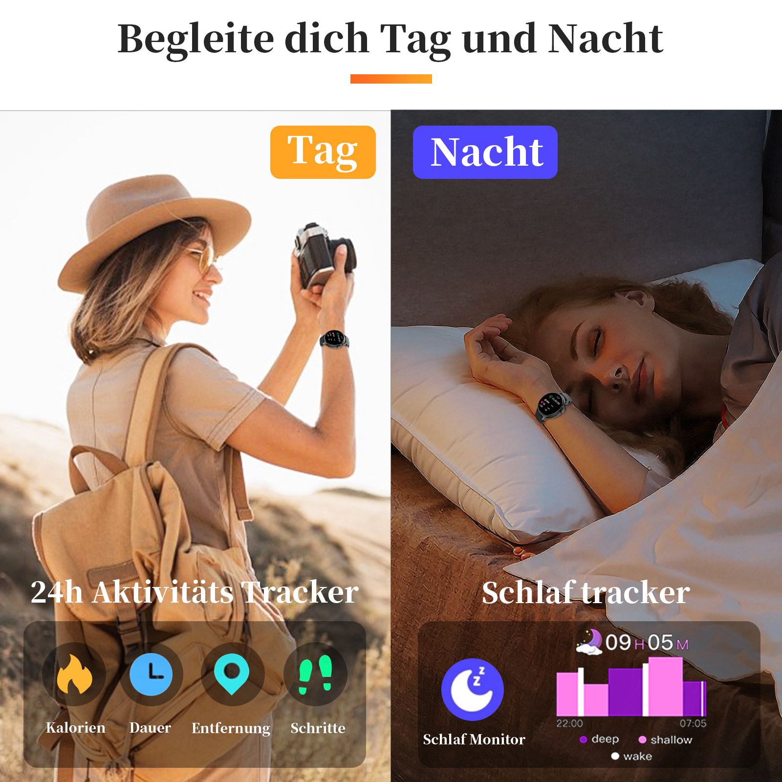 Zwei Bilder: eine Frau mit Rucksack, die eine Uhr benutzt, und eine Frau, die mit einer Uhr schläft, die den Schlaf verfolgt.