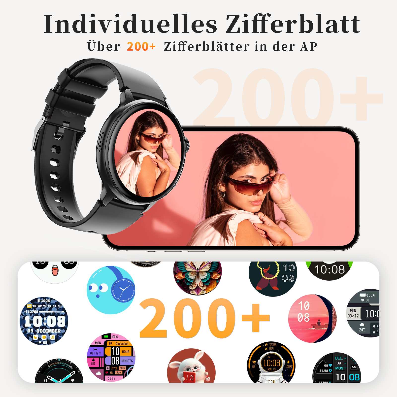 Schwarze Smartwatch, eine Frau schaut darauf. Das Display zeigt Zifferblätter. Weißer Hintergrund.
