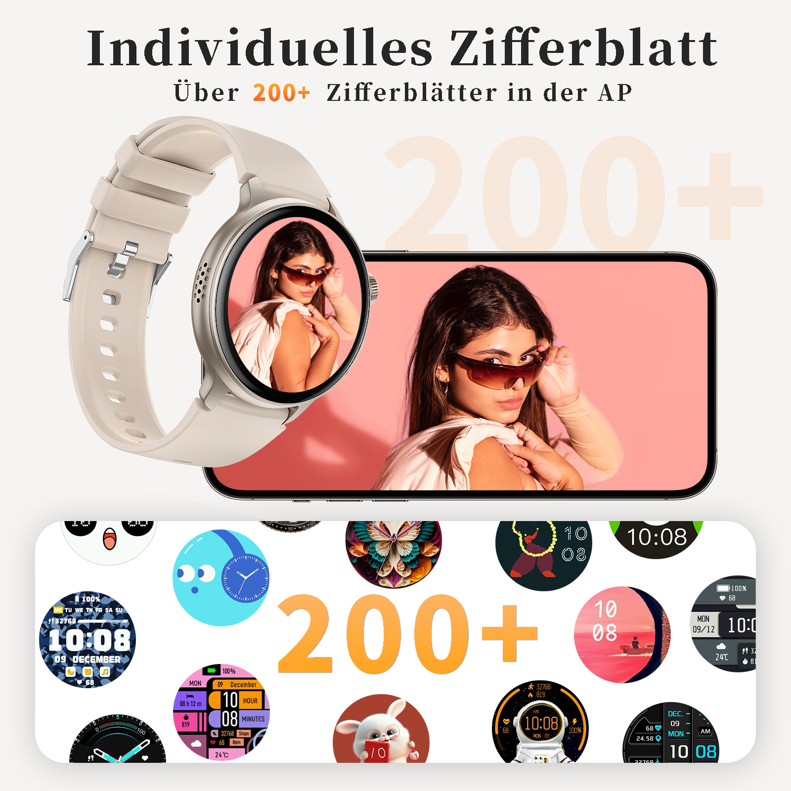 Eine Smartwatch mit einer Frau, die auf den Bildschirm schaut, umgeben von verschiedenen Zifferblattdesigns.