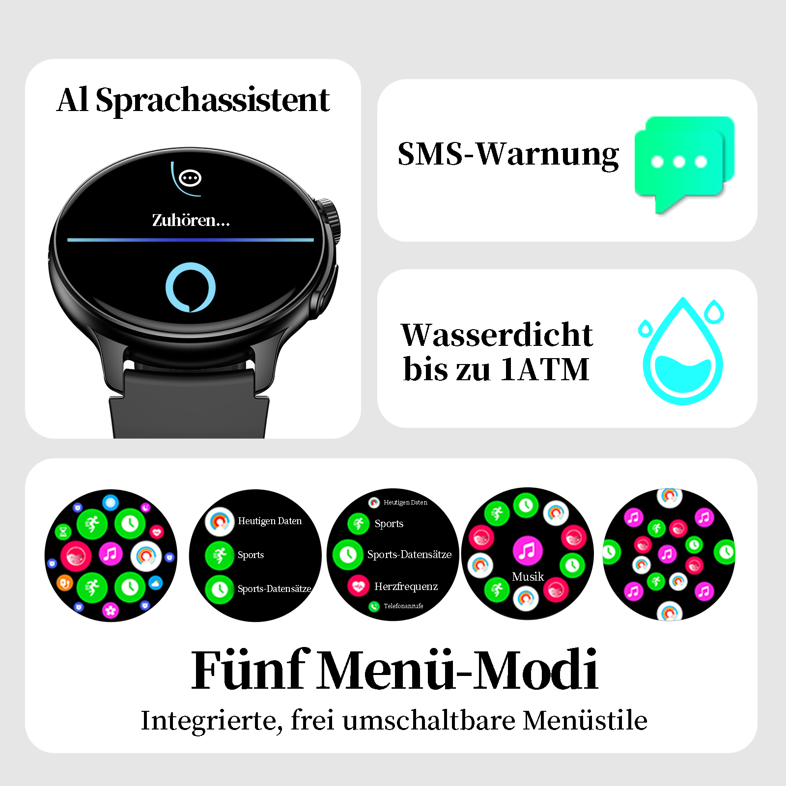 Smartwatch mit Symbolen. Die Uhr ist schwarz. Enthält Benachrichtigungen, Gesundheitsdaten und Musiksteuerung.