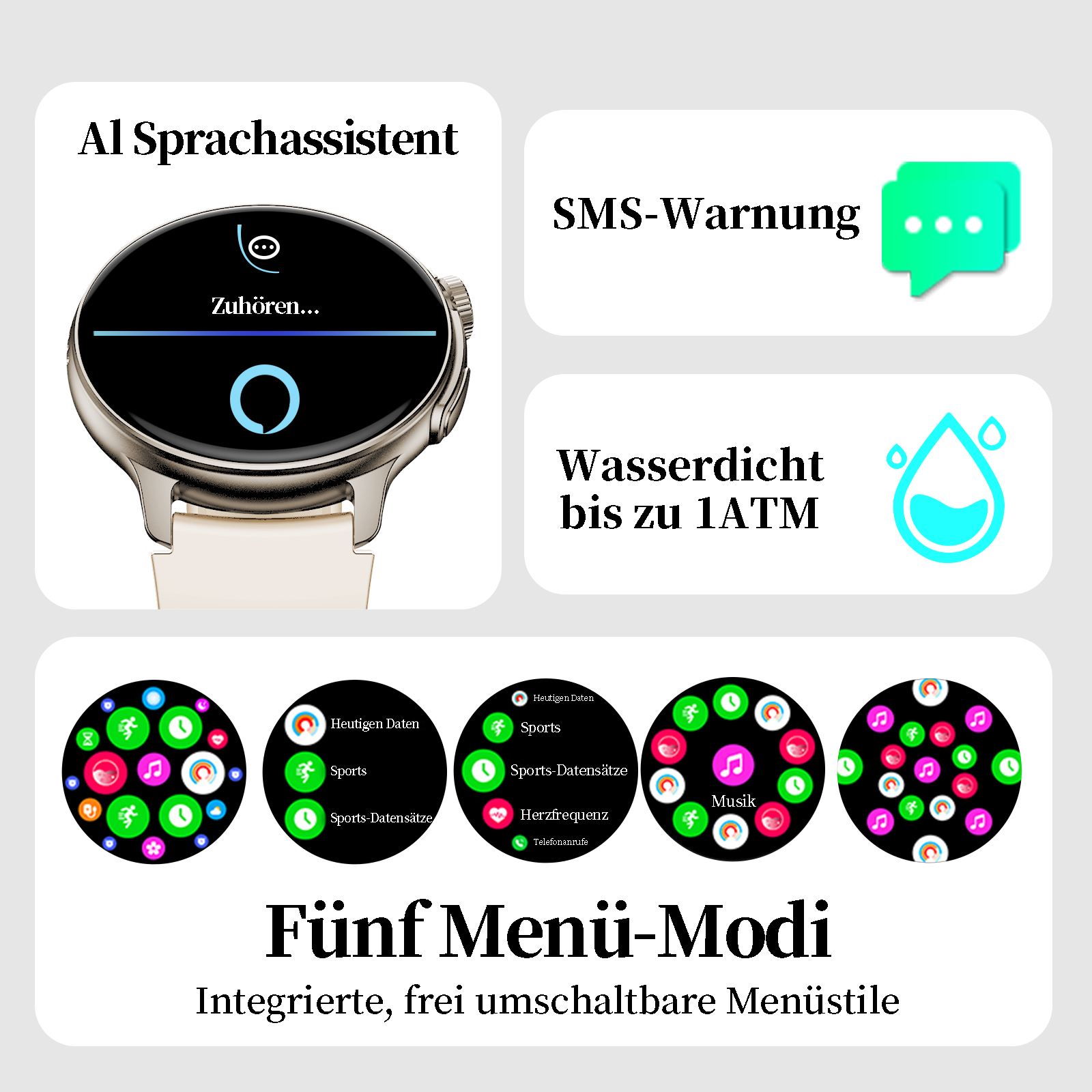 Smartwatch mit fünf Menümodi. Symbole auf dem Zifferblatt: Sport, Musik, Herzfrequenz.