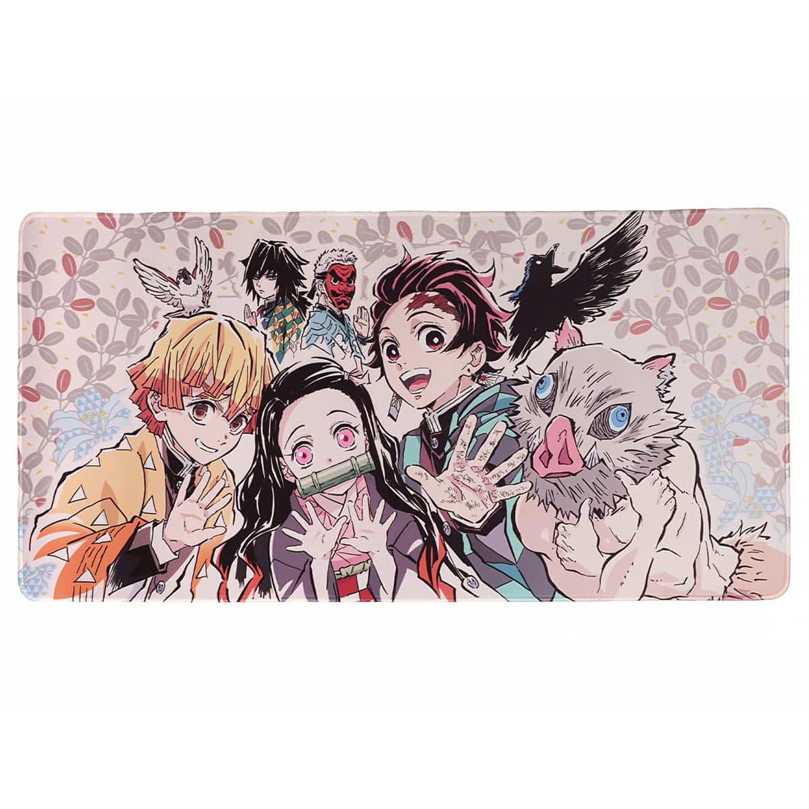Anime-Charaktere auf einem Mousepad. Enthält mehrere Charaktere und ein Blumenmuster.