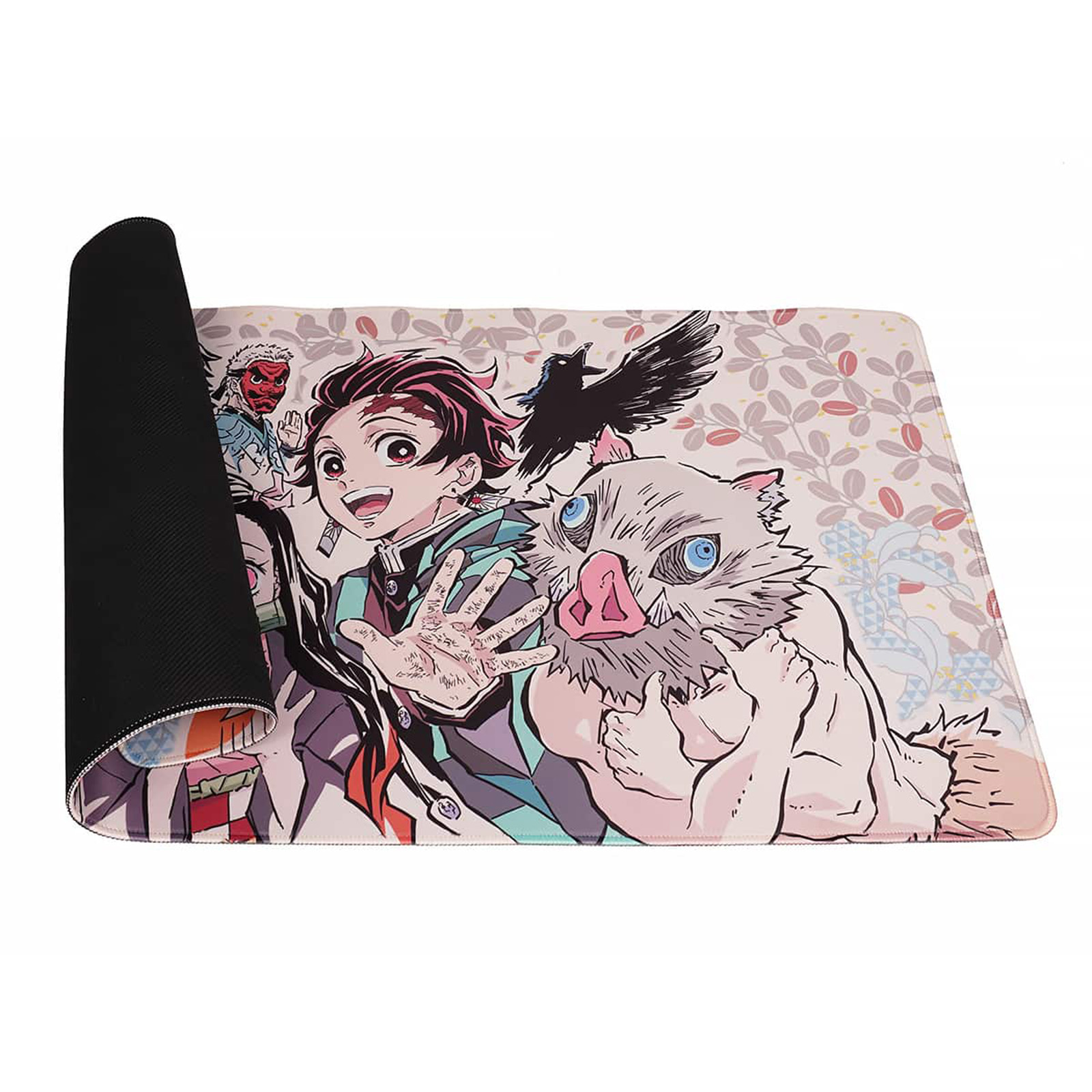 Anime-Mauspad mit bunten Charakteren und schwarzer Rückseite.