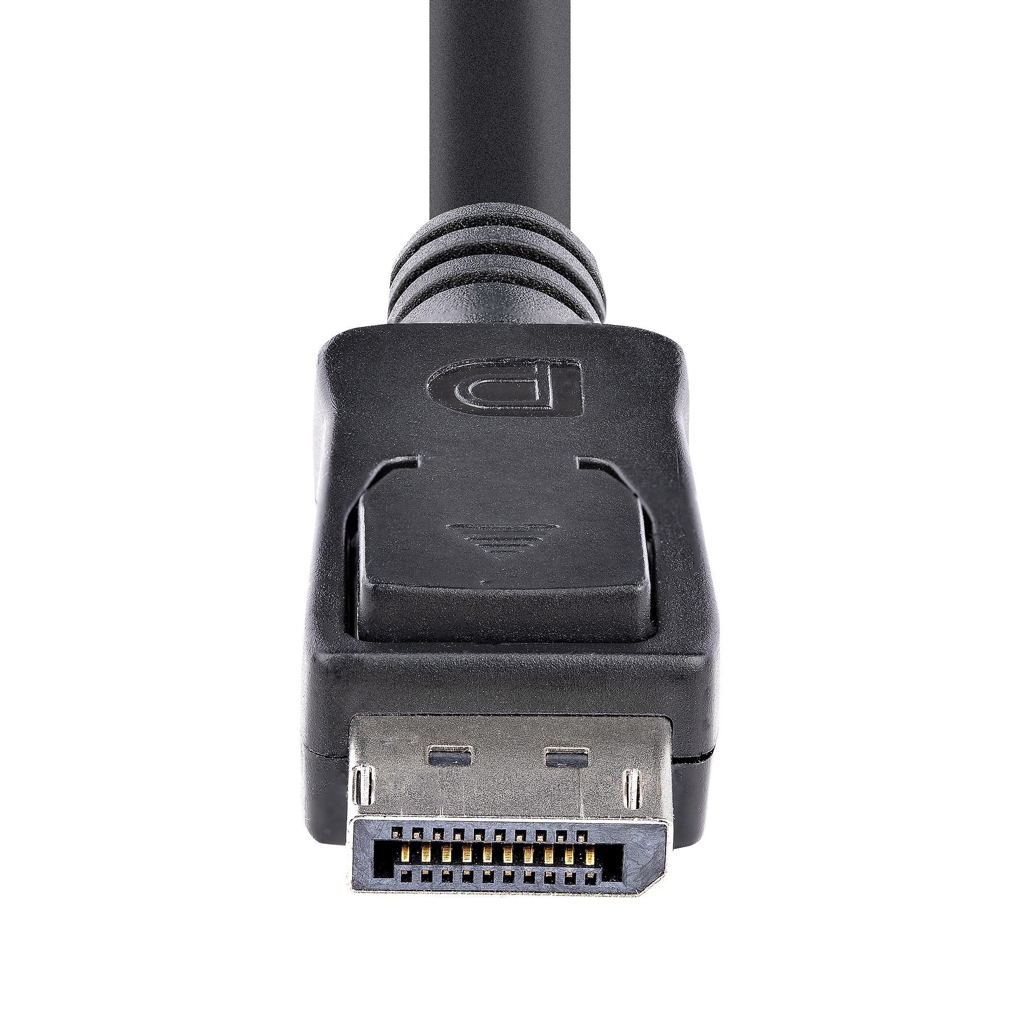 Close-up van een zwarte DisplayPort-kabelconnector op een witte achtergrond.