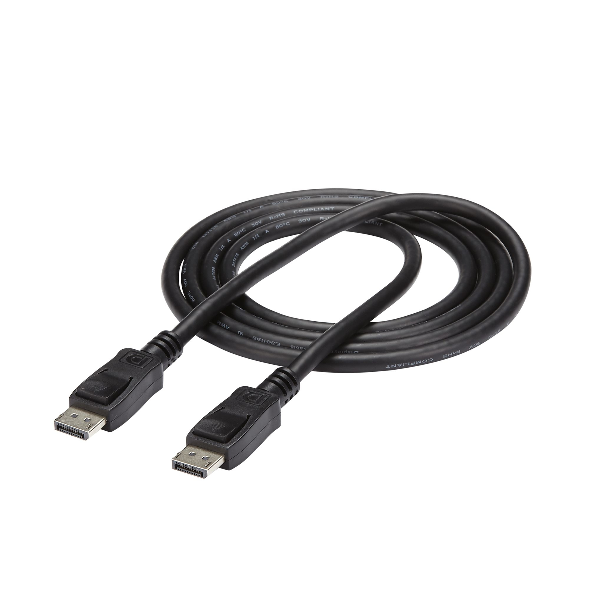 Een zwarte DisplayPort-kabel met connectoren aan beide uiteinden, geïsoleerd op een witte achtergrond.