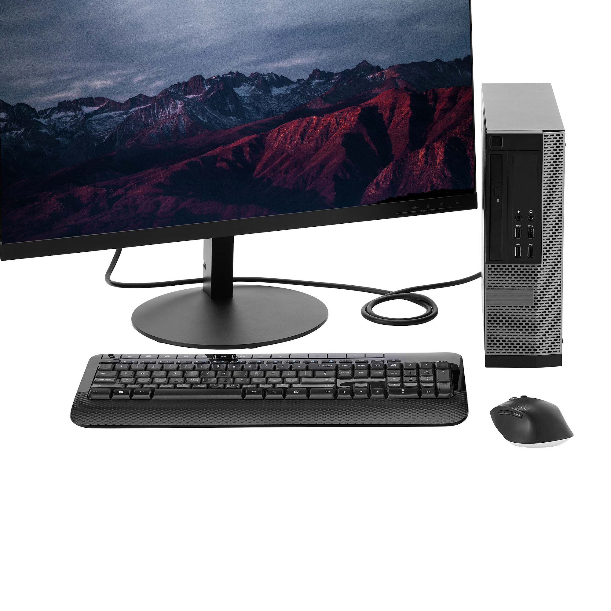 Computeropstelling: monitor, toetsenbord, muis en een desktop computertoren.
