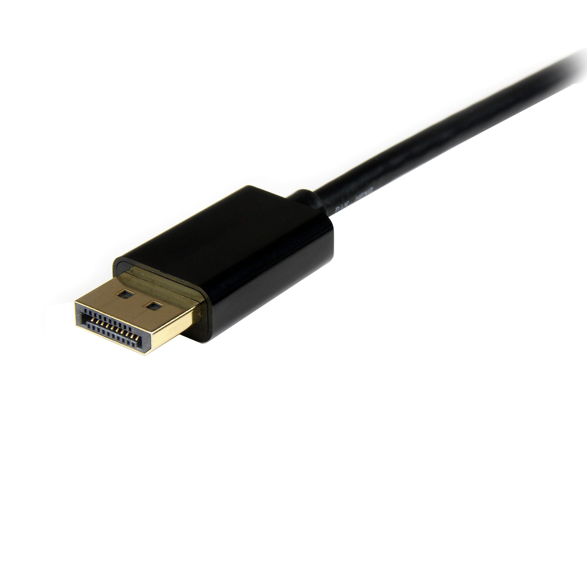 Zwarte DisplayPort kabel met een gouden connector op een witte achtergrond.