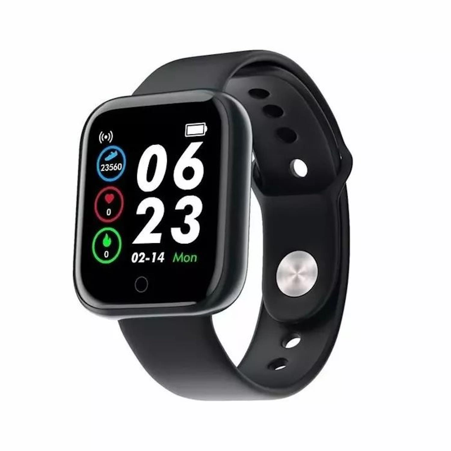 Smartwatch nero con cinturino nero. Il display mostra l'ora e le metriche di attività.