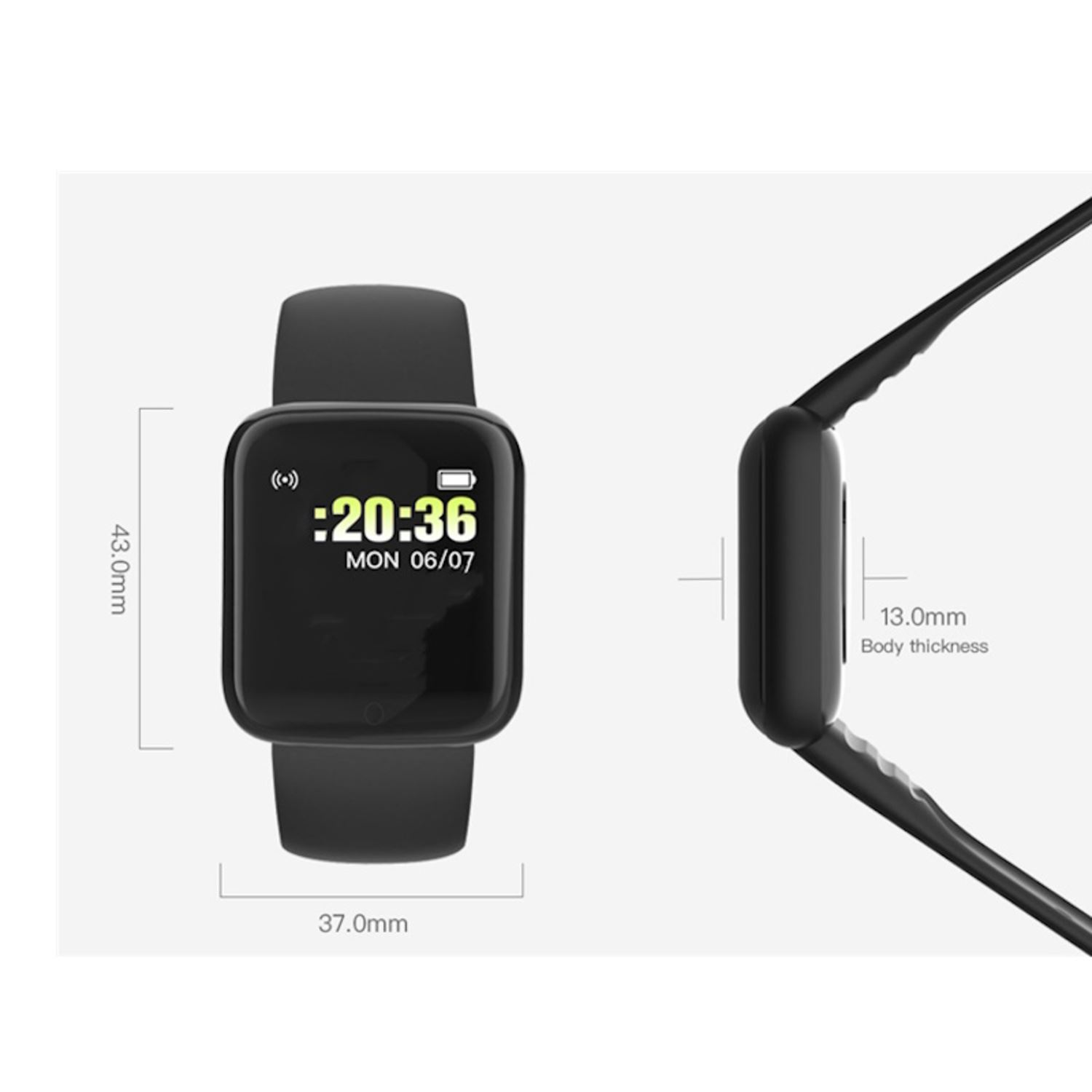 Uno smartwatch nero che mostra l'ora e la data, con le dimensioni dello spessore del corpo.