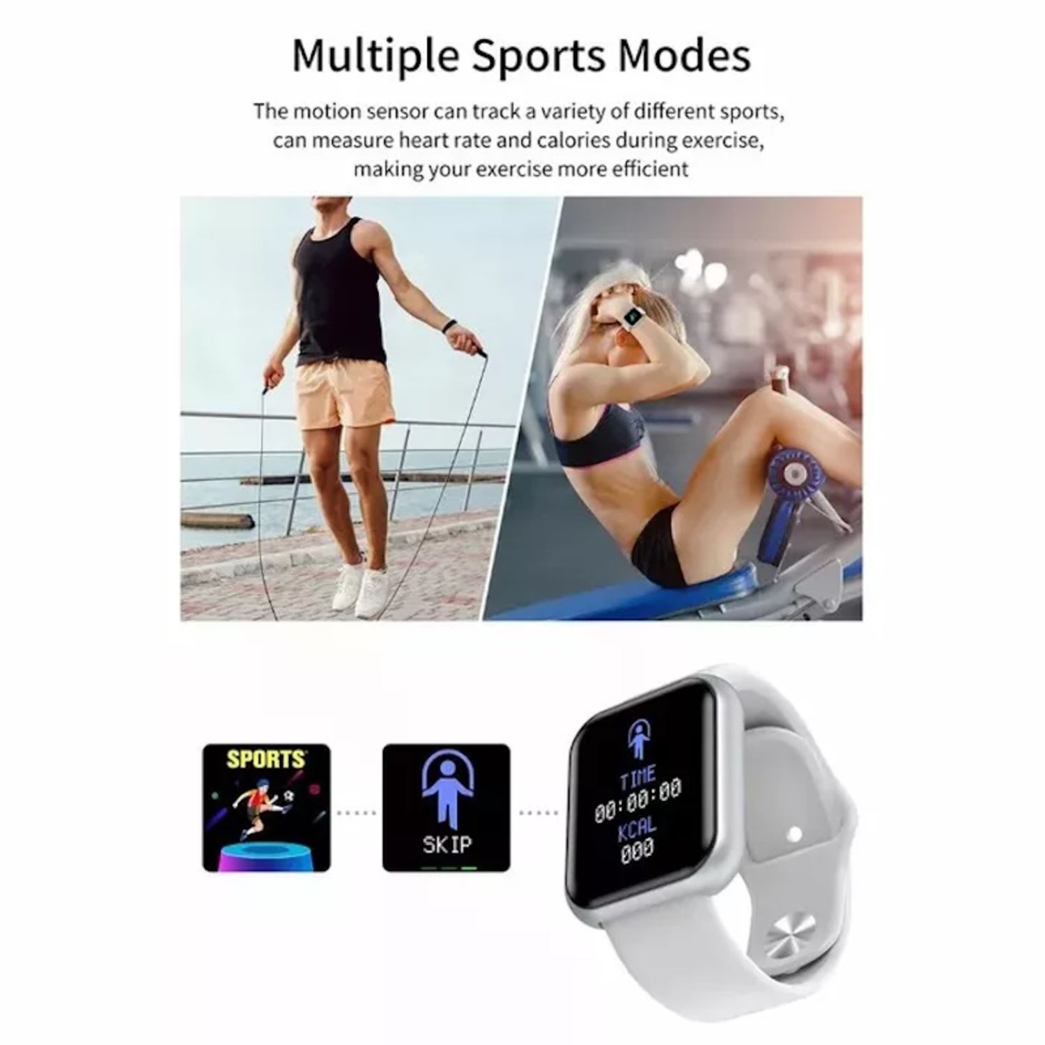 Smartwatch con cinturino bianco, che mostra dati di esercizio e due icone di app.
