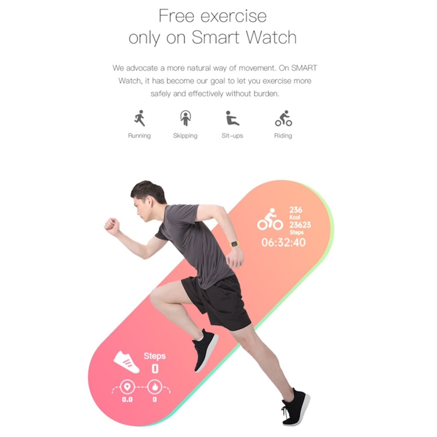 Uomo che corre, smartwatch mostra dati di esercizio: 236 kcal, 23623 passi, tempo 06:32:40.