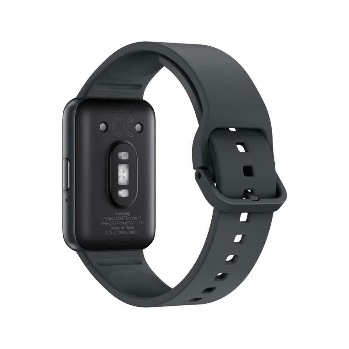 Grijze smartwatch achterkant. Toont sensoren en informatie op de achterkant.