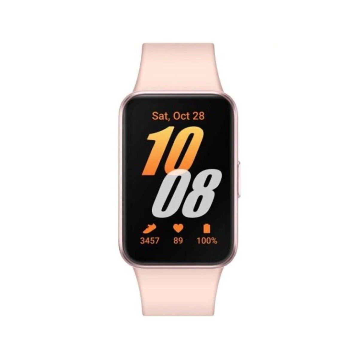 Een roze smartwatch geeft de tijd en enkele gezondheidsstatistieken weer.