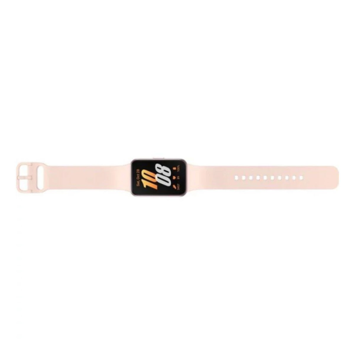 Roze smartwatch met bandje, toont de tijd. Witte achtergrond.