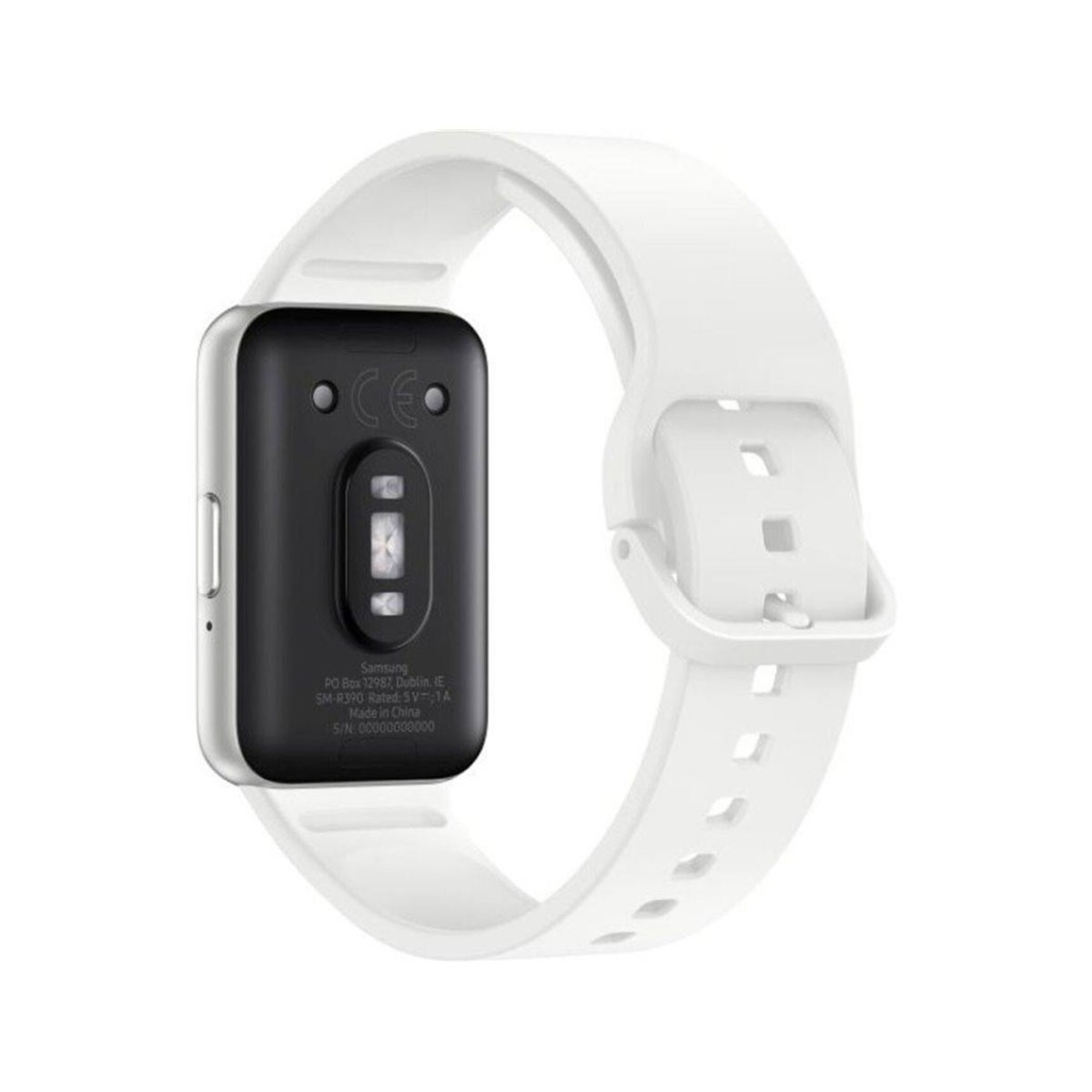 De achterkant van een witte smartwatchband, met een zwarte sensor en serienummerdetails.