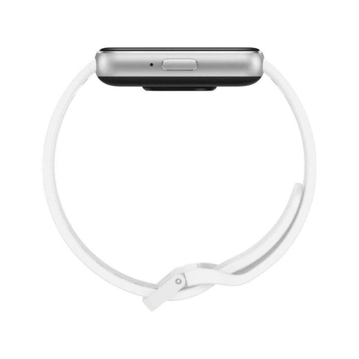 Een witte smartwatch met een witte band. Het scherm is naar boven gericht.