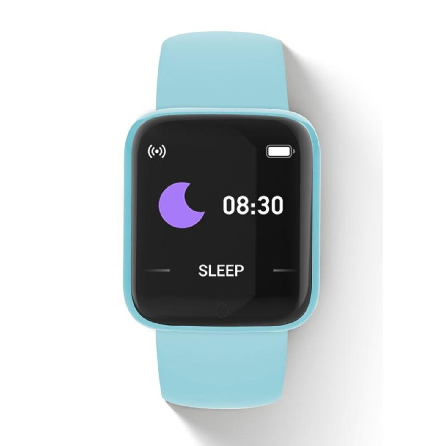 Un smartwatch azul claro que muestra la hora y un símbolo de luna, que indica el modo de suspensión.