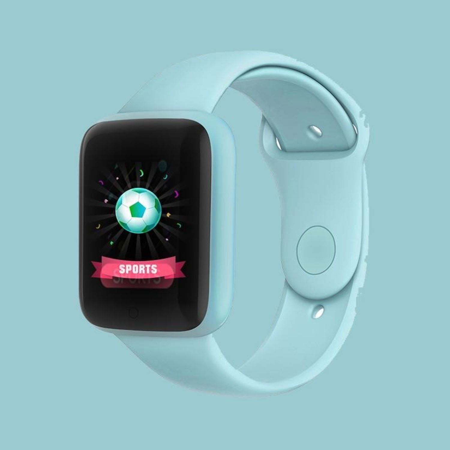 Smartwatch azul claro con pantalla negra que muestra un icono de balón de fútbol y la palabra SPORTS en una pancarta roja.