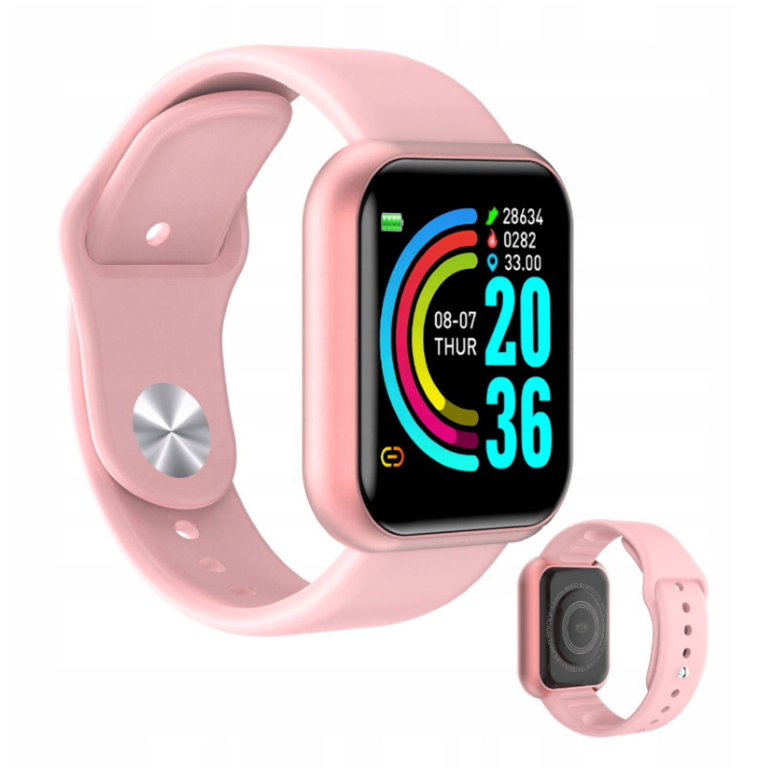 Smartwatch rosa con quadrante quadrato e cinturino rosa. Visualizza ora e dati sanitari.