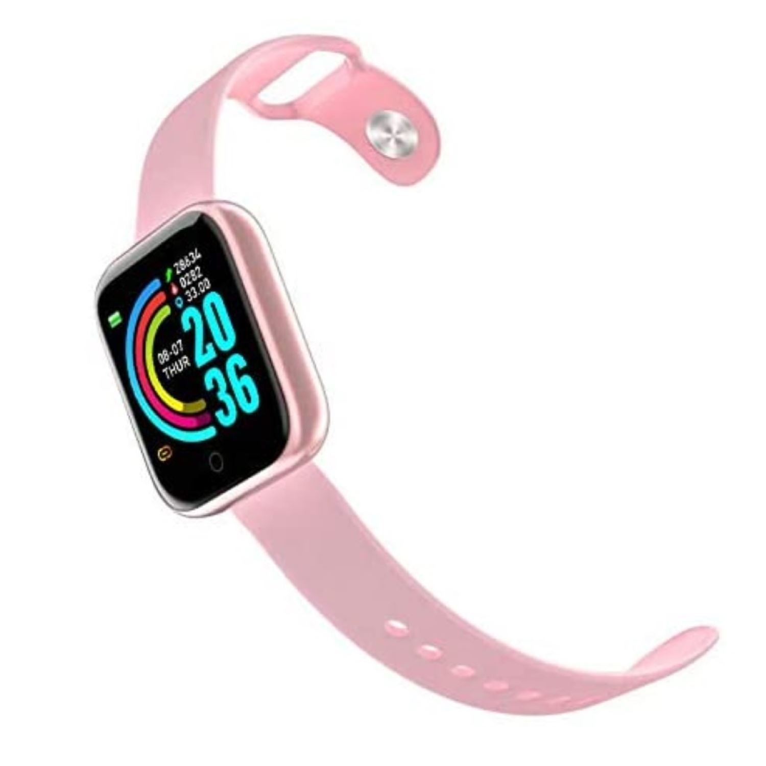 Smartwatch rosa con cinturino rosa, su bianco.