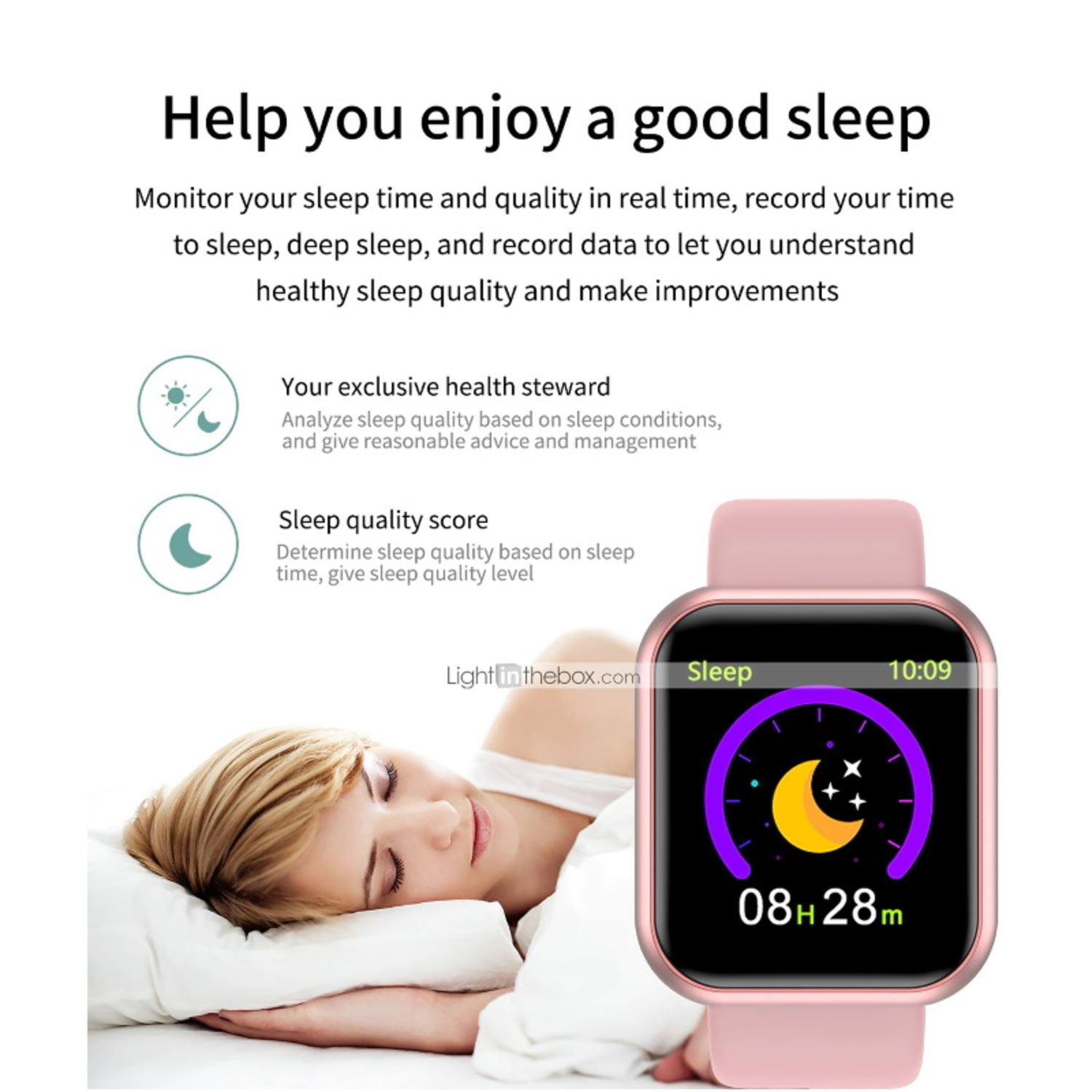 Donna che dorme, con smartwatch, informazioni sul monitoraggio del sonno sullo schermo.
