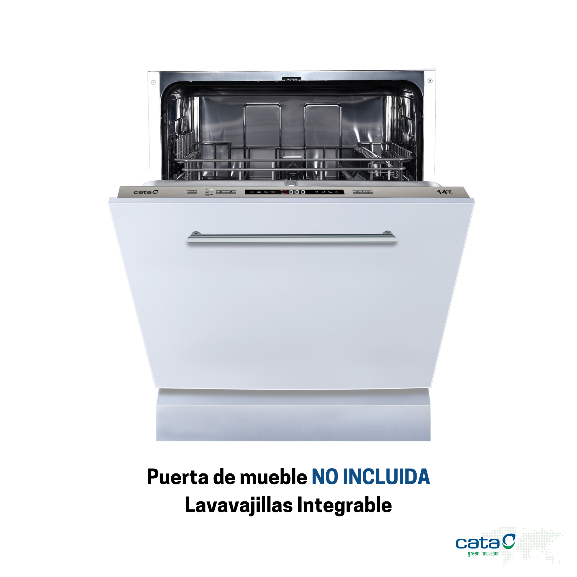 Lavavajillas blanco con puerta abierta. El texto dice que la puerta NO está incluida.