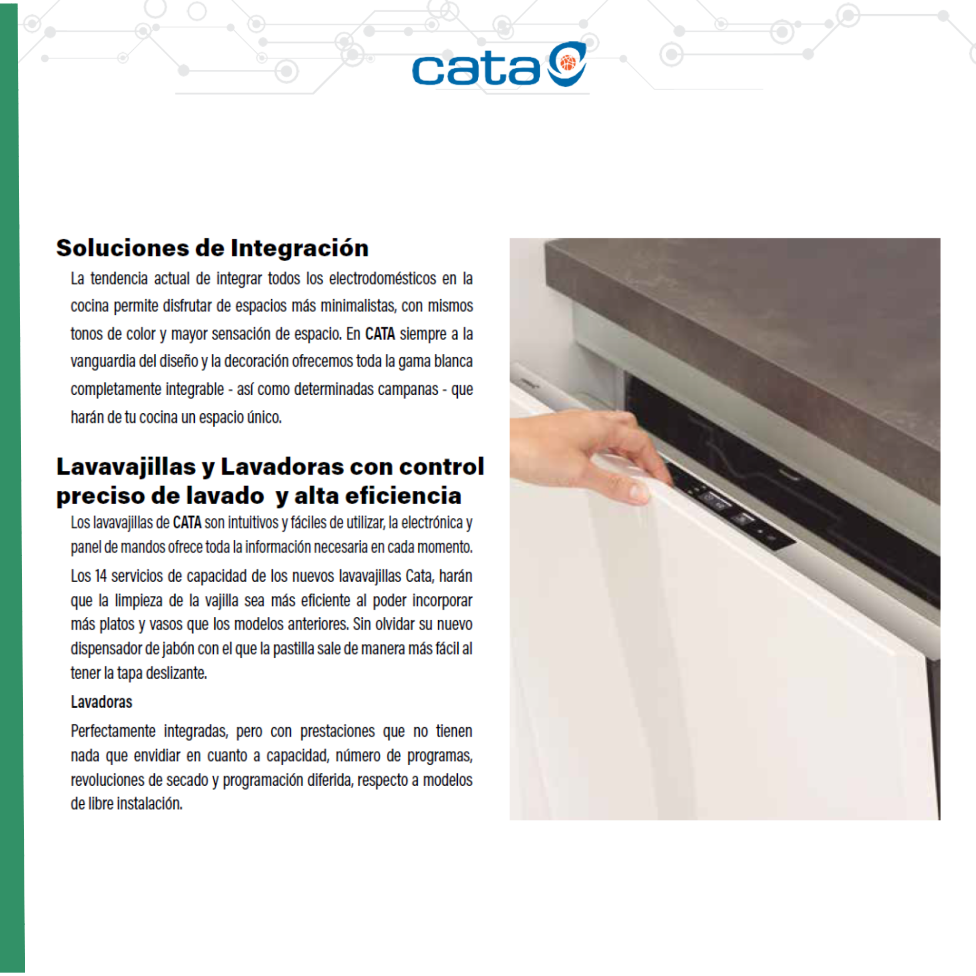 Texto en español sobre electrodomésticos de cocina. Mano abriendo una puerta blanca con manija.