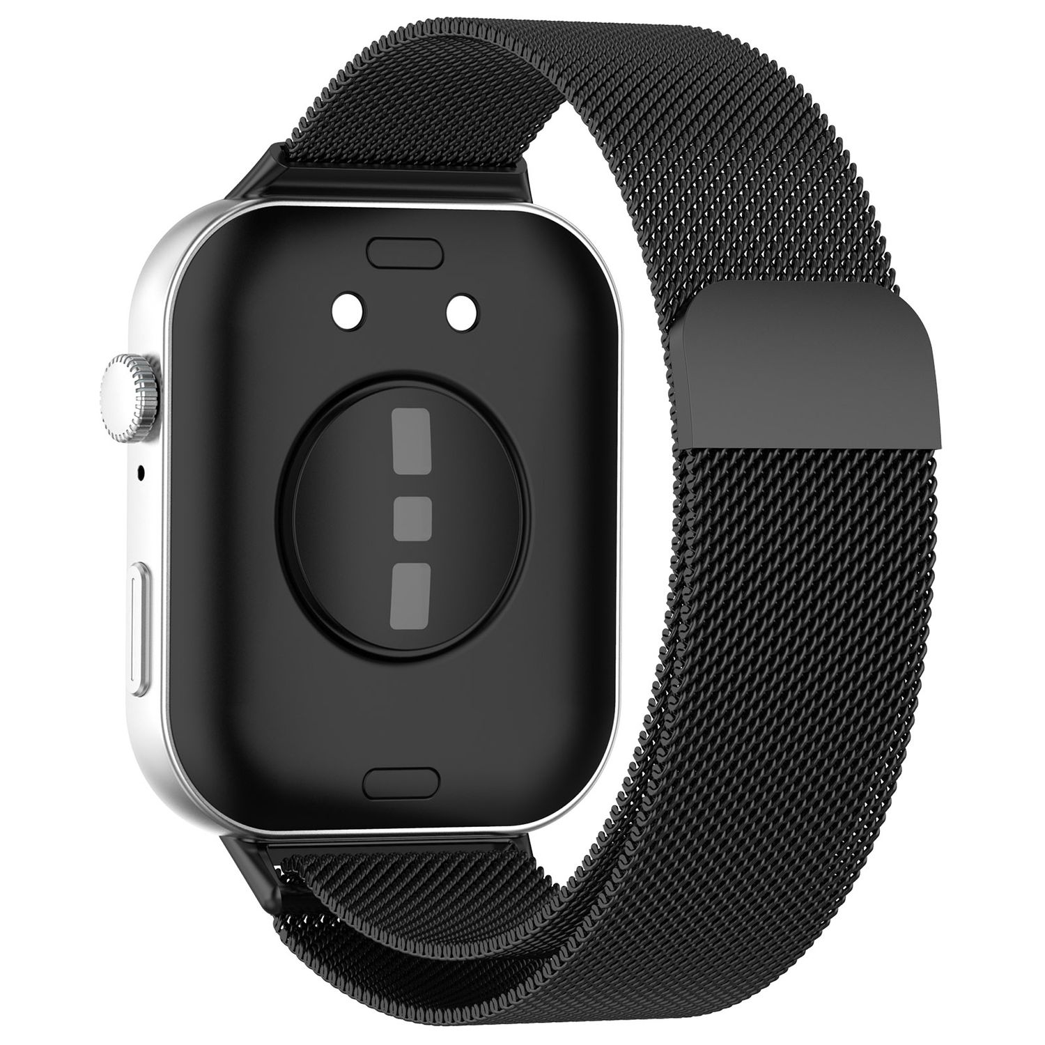 Rückseite einer schwarzen Smartwatch mit metallischem Mesh-Armband. Sensor und Ladekontakte.