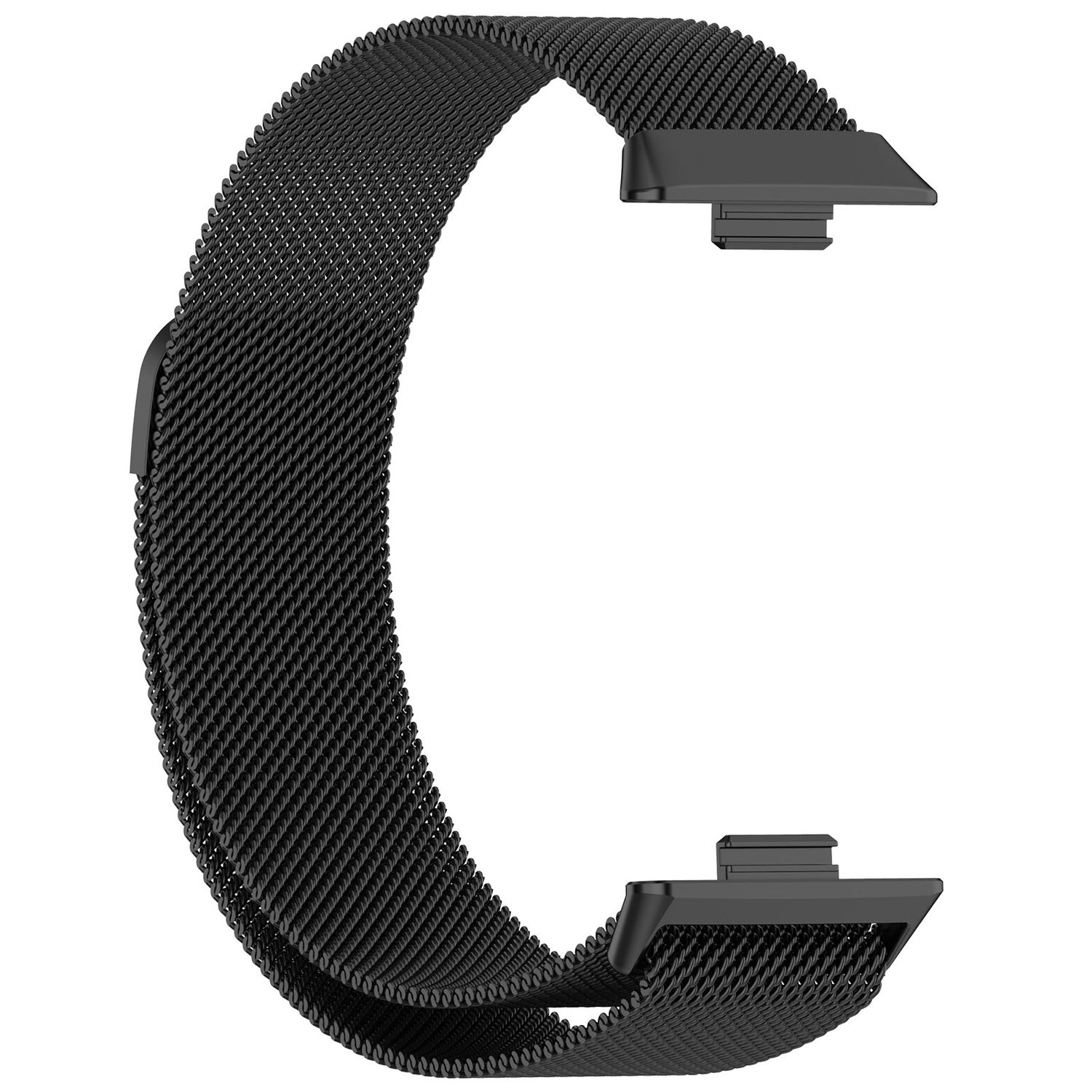 Schwarzes Smartwatch-Armband, Metallgewebe. C-förmig mit Anschlüssen an jedem Ende. Nahaufnahme.